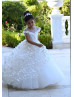 Cap Sleeves Beaded White Tulle 3D Flowers Fancy Flower Girl Dress Cap Sleeves Beaded White Tulle 3D Flowers Fancy Flower Girl Dress
